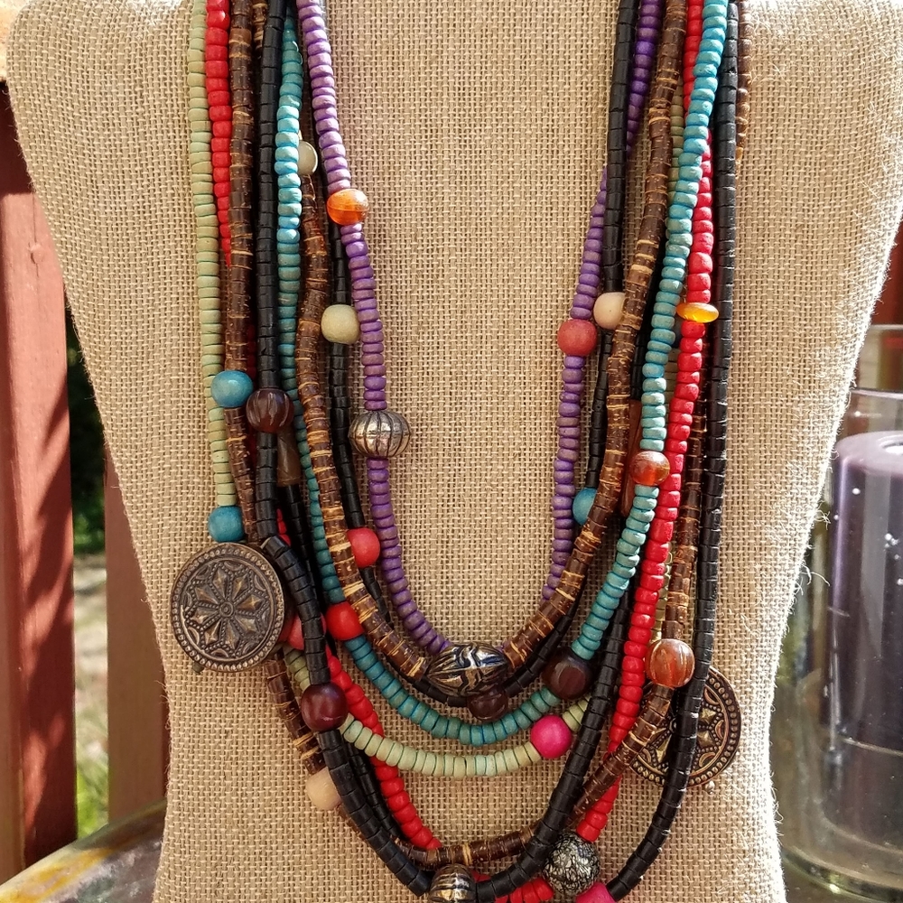 Colorful Boho Wood and Metal Necklace